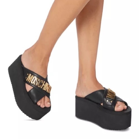 Moschino Black Logo Slide Sandals Gold MOSCHINO Hardware Designer Platform Slide - Picture 3 of 12